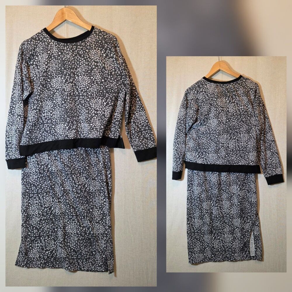 Cuddl Duds Womens Medium Comfortwear Skirt Set Animal Print Leopard Black Grey